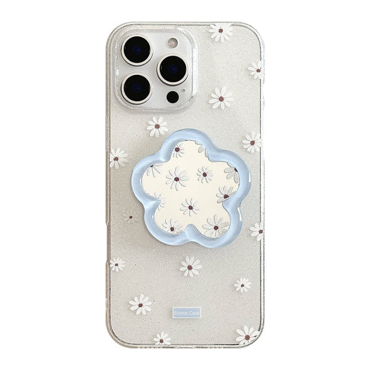 Flower mirror bracket Apple 16promax mobile phone case 17 for iphone15 glitter 13 small fresh blue