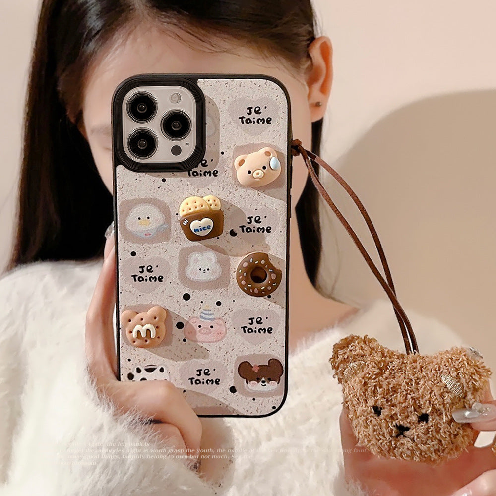 Cute bear Apple 16 mobile phone case 17promax leather pattern 15 suitable for iPhone13 three-dimensional biscuits 11 autumn