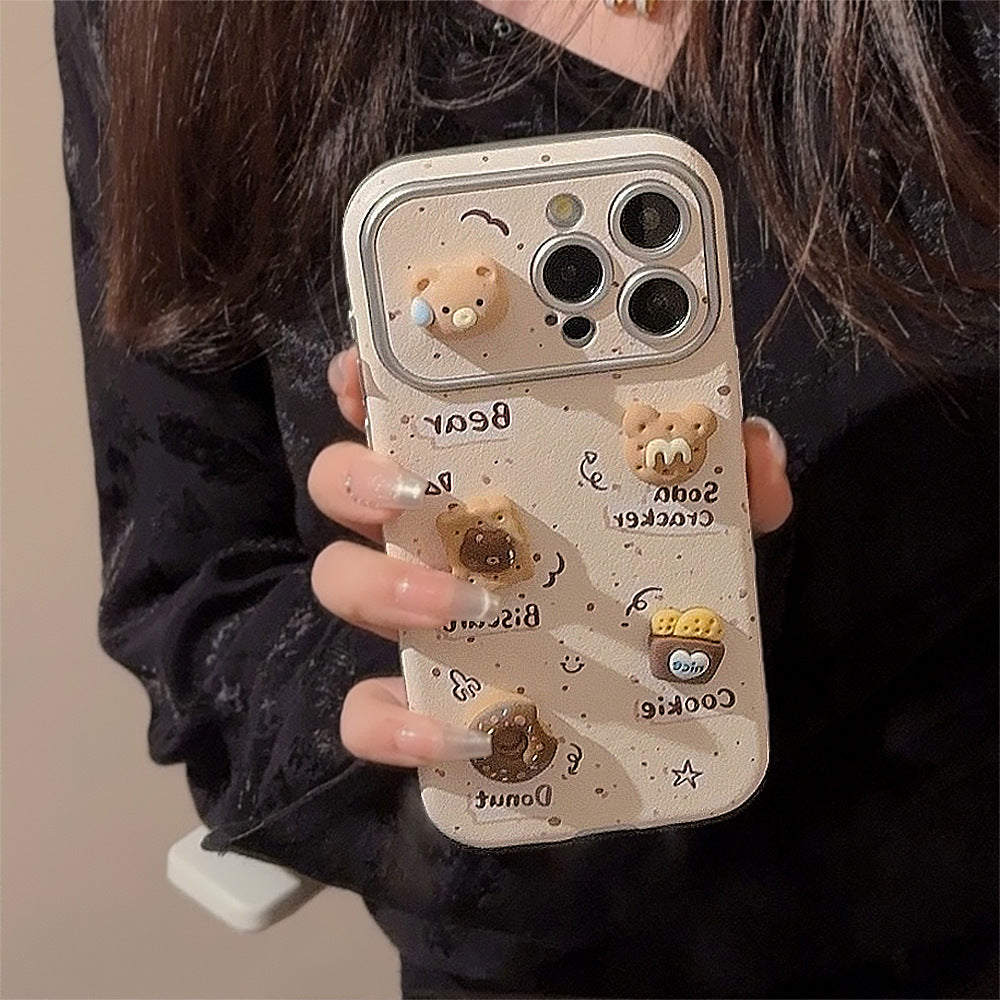 Cute three-dimensional bear applies to 16 Apple 17ProMax mobile phone case iphone15 leather 12 cookies 14