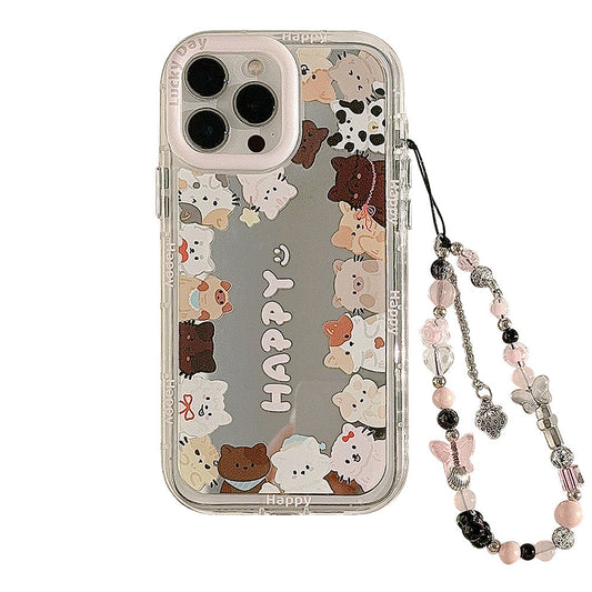 Mirror ins cute cat suitable for 16Pro Max Apple 15 mobile phone case iPhone17 Korean 12 lanyard 11