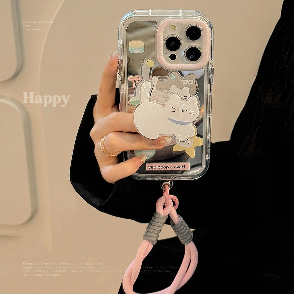 Foodie cat holder for 16ProMax Apple 15 mobile phone case iPhone17 hand strap 12 cute 11 mirror