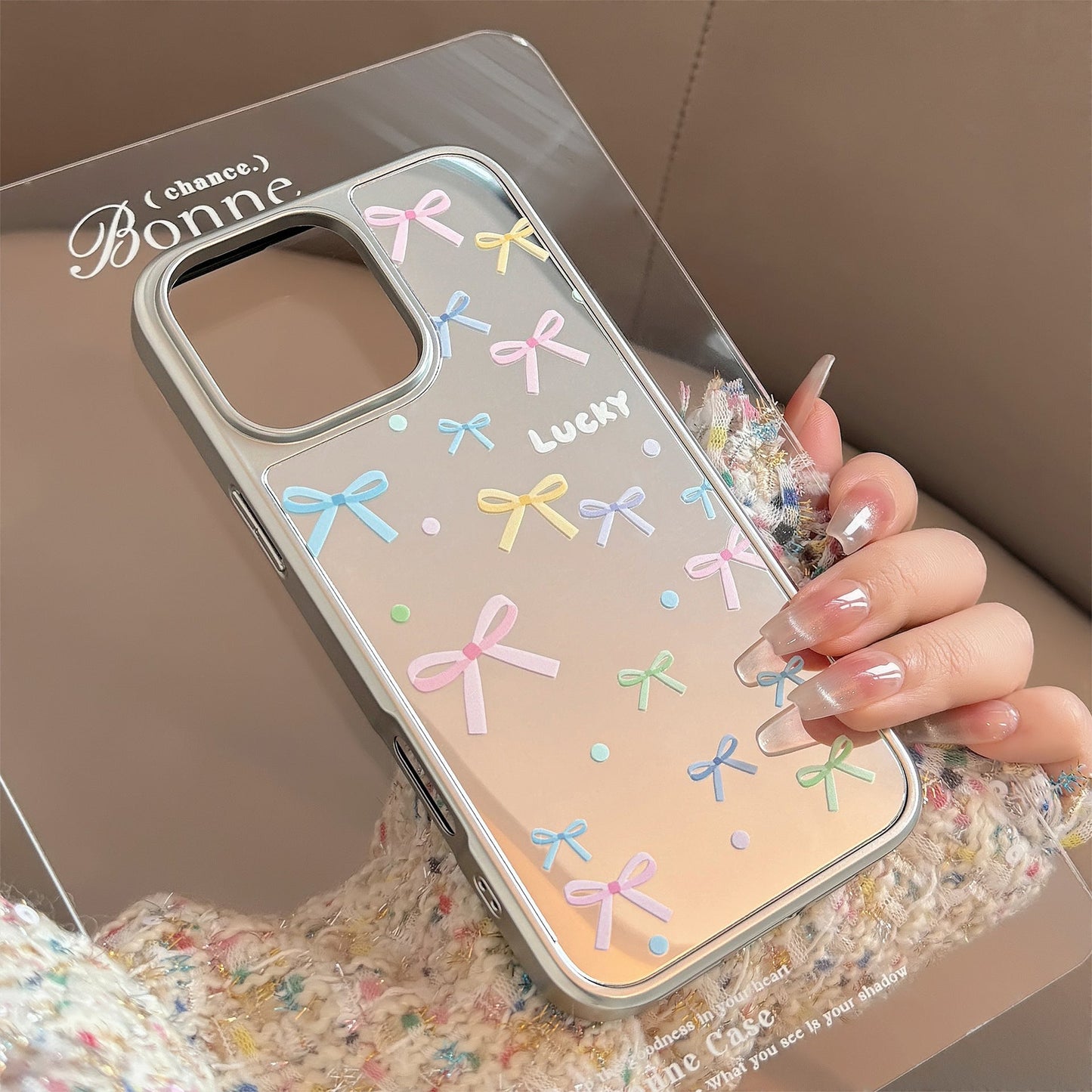 Korean color bow for 16 apple 15promax mobile phone case iphone17 mirror 13 plating 15 hard