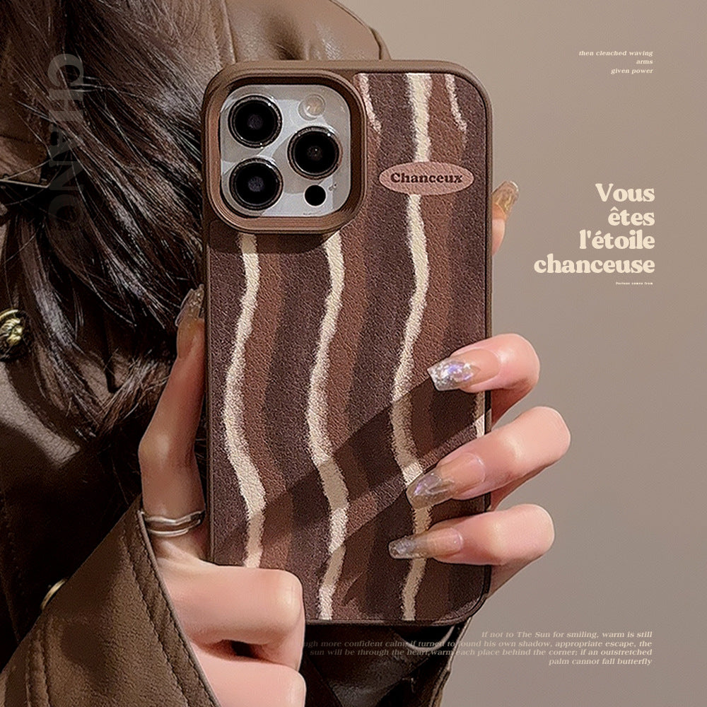 Brown striped iPhone 15 case 17promax retro premium 11 for iPhone13 leather anti-drop hard