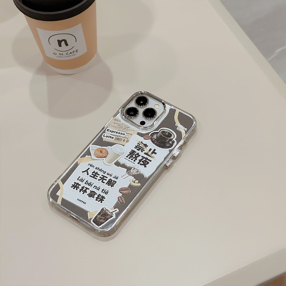 It is forbidden to stay up late at 17promax Apple phone case, suitable for iphone15 premium 16 all-inclusive 11 coffee mirror 12.