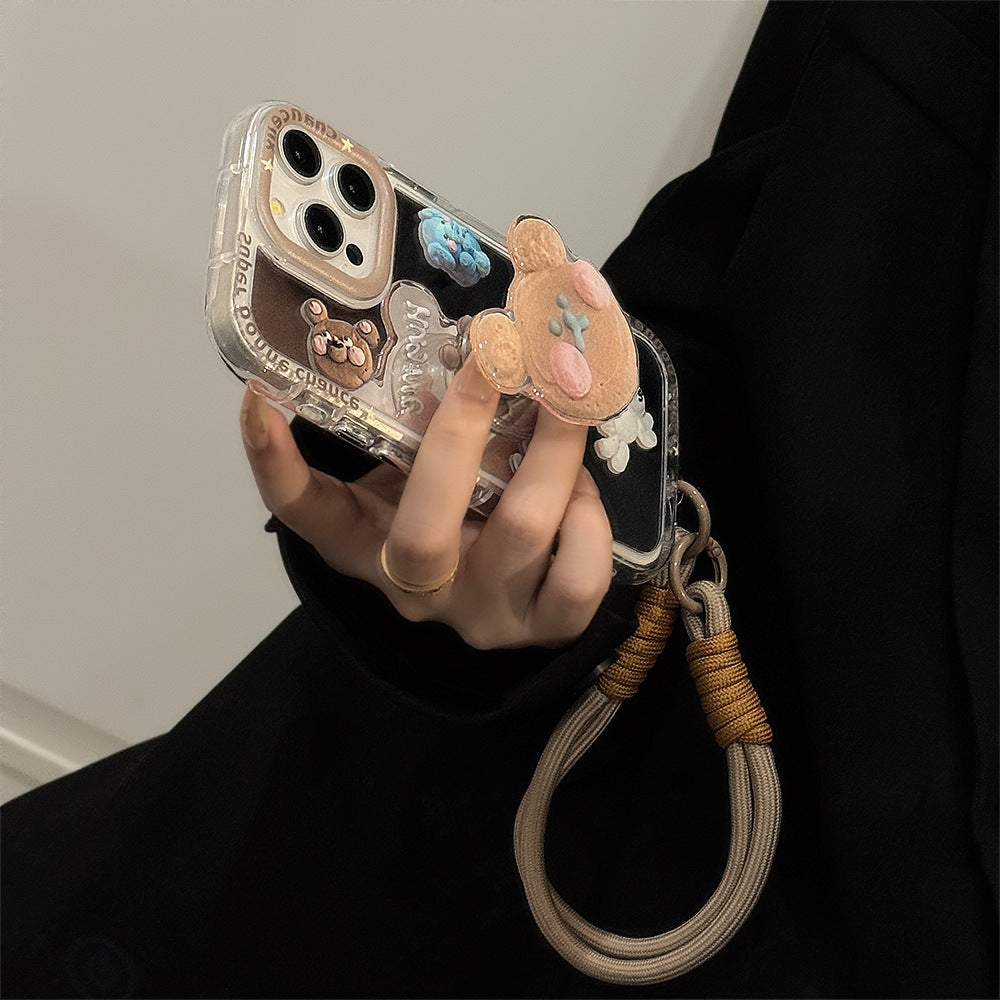 Cookie bear holder for 16ProMax Apple 15 mobile phone case iPhone17 mirror 12 hand strap 11