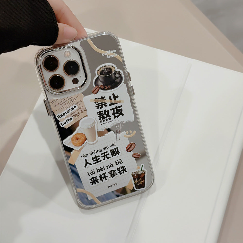 It is forbidden to stay up late at 17promax Apple phone case, suitable for iphone15 premium 16 all-inclusive 11 coffee mirror 12.