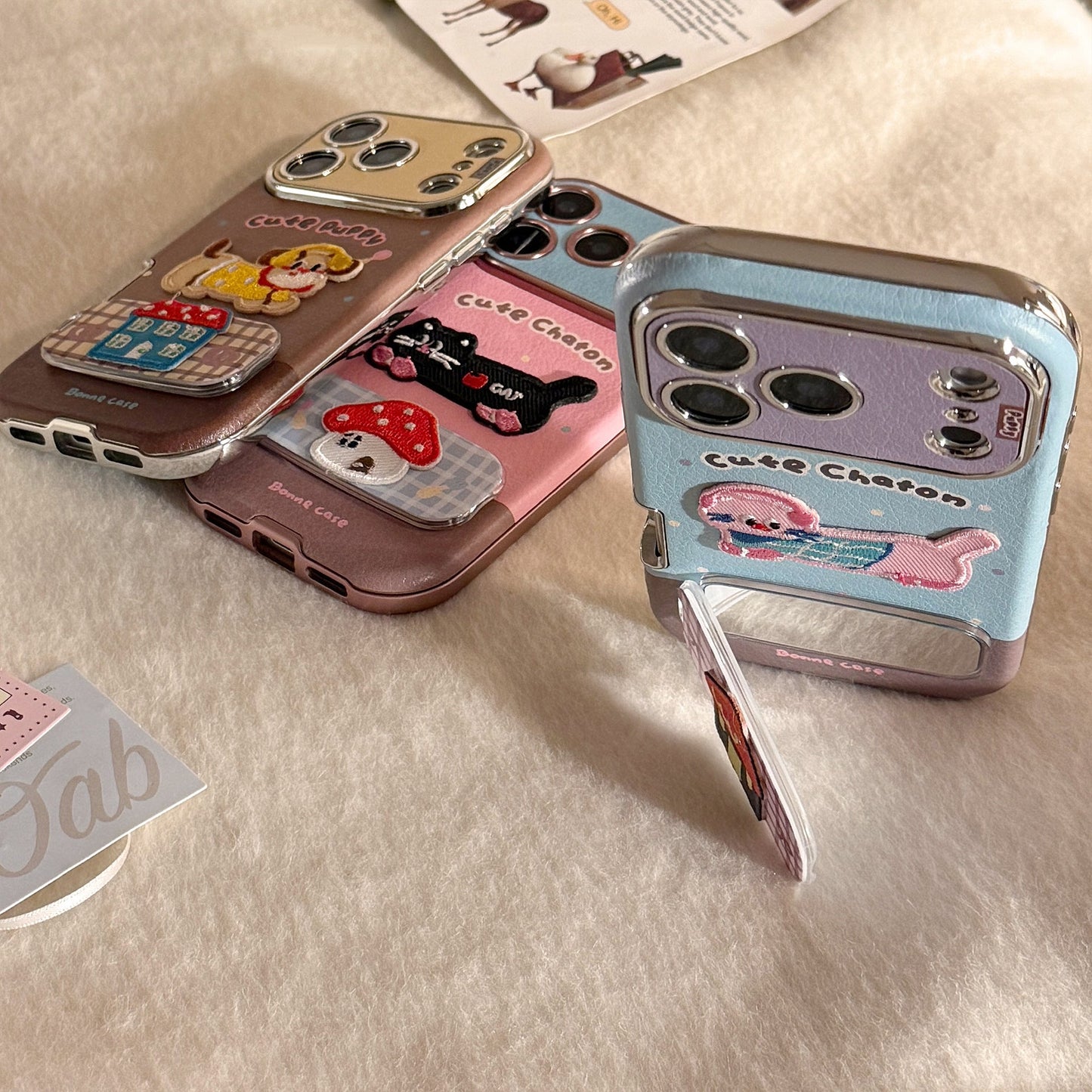 Embroidery cat puppy iphone17promax apple 16 mobile phone case 15 for 13 colored leather 11 mirror