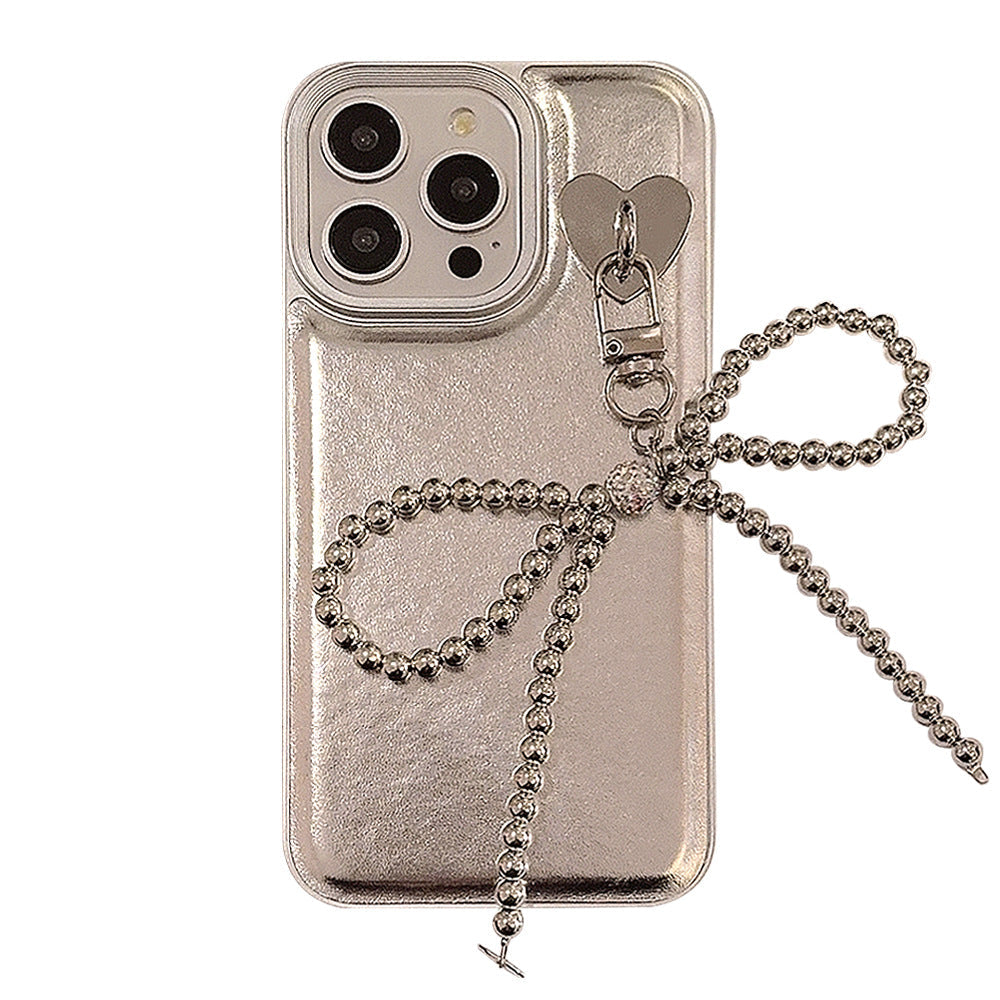 Silver leather for Apple 16 mobile phone case iPhone17promax electroplated bow pendant 11 temperament 13