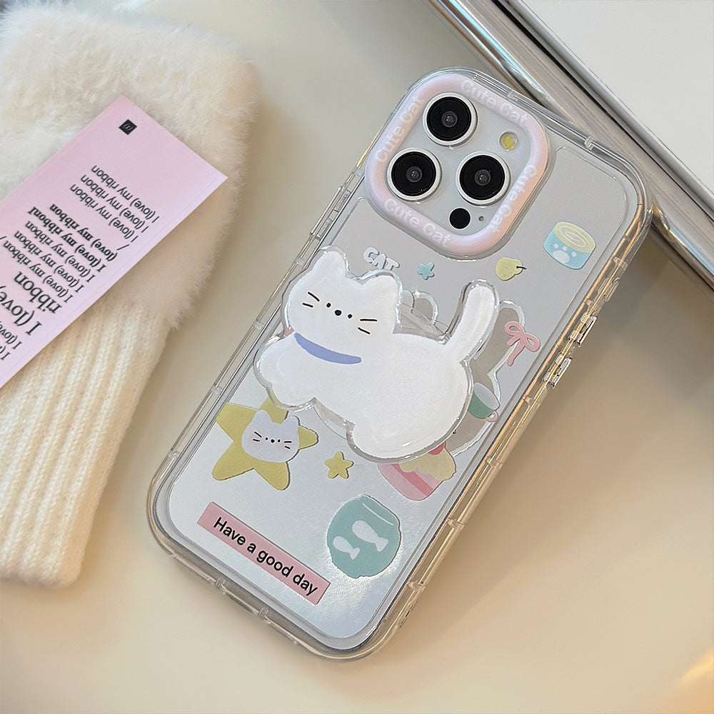 Foodie cat holder for 16ProMax Apple 15 mobile phone case iPhone17 hand strap 12 cute 11 mirror