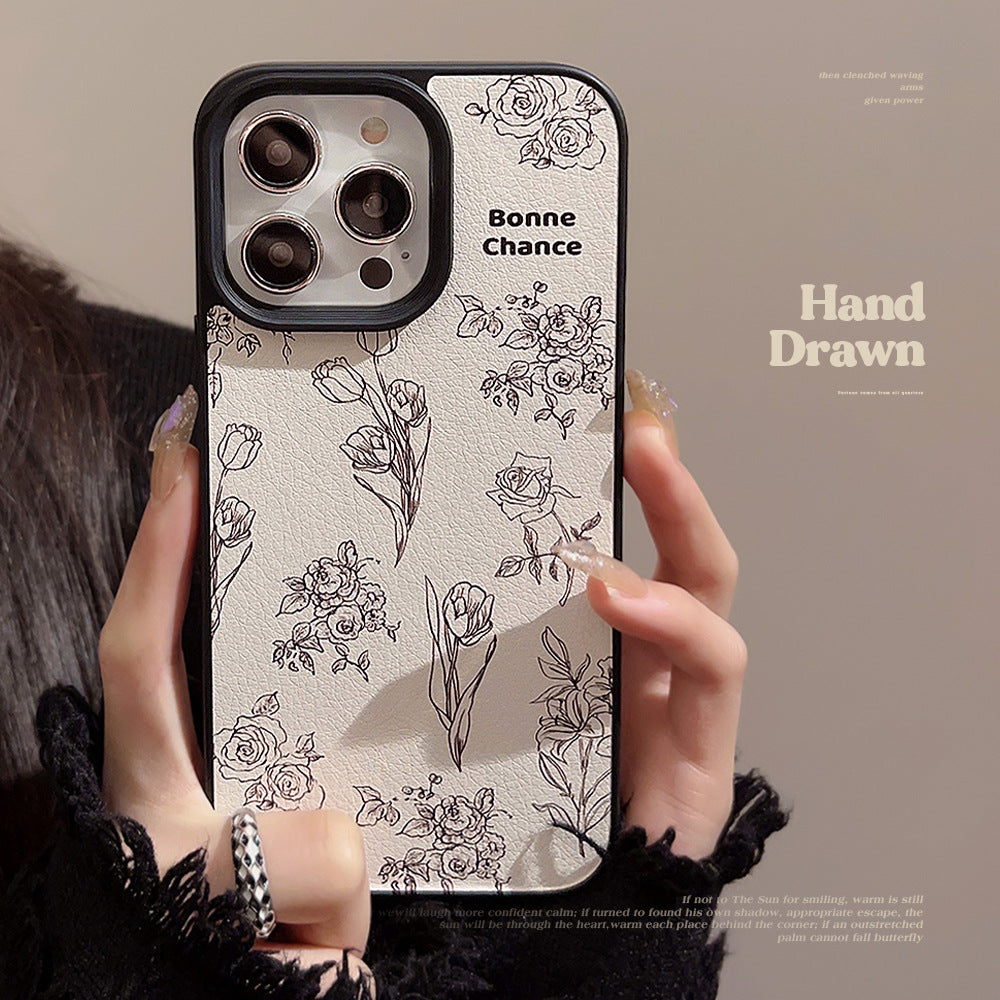 Lambskin Apple 15 mobile phone case 17promax Camellia Rose 11 for iPhone16 Art Premium 12