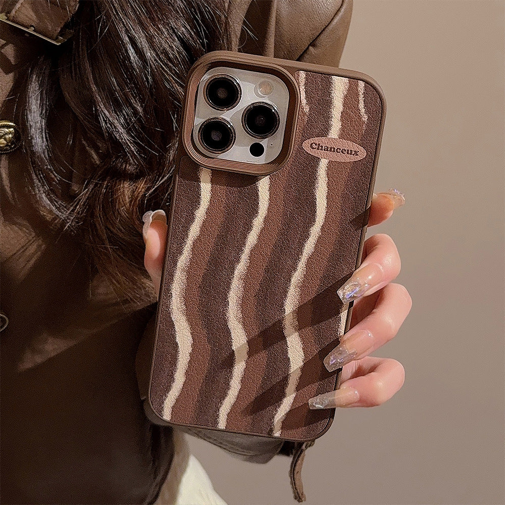 Brown striped iPhone 15 case 17promax retro premium 11 for iPhone13 leather anti-drop hard
