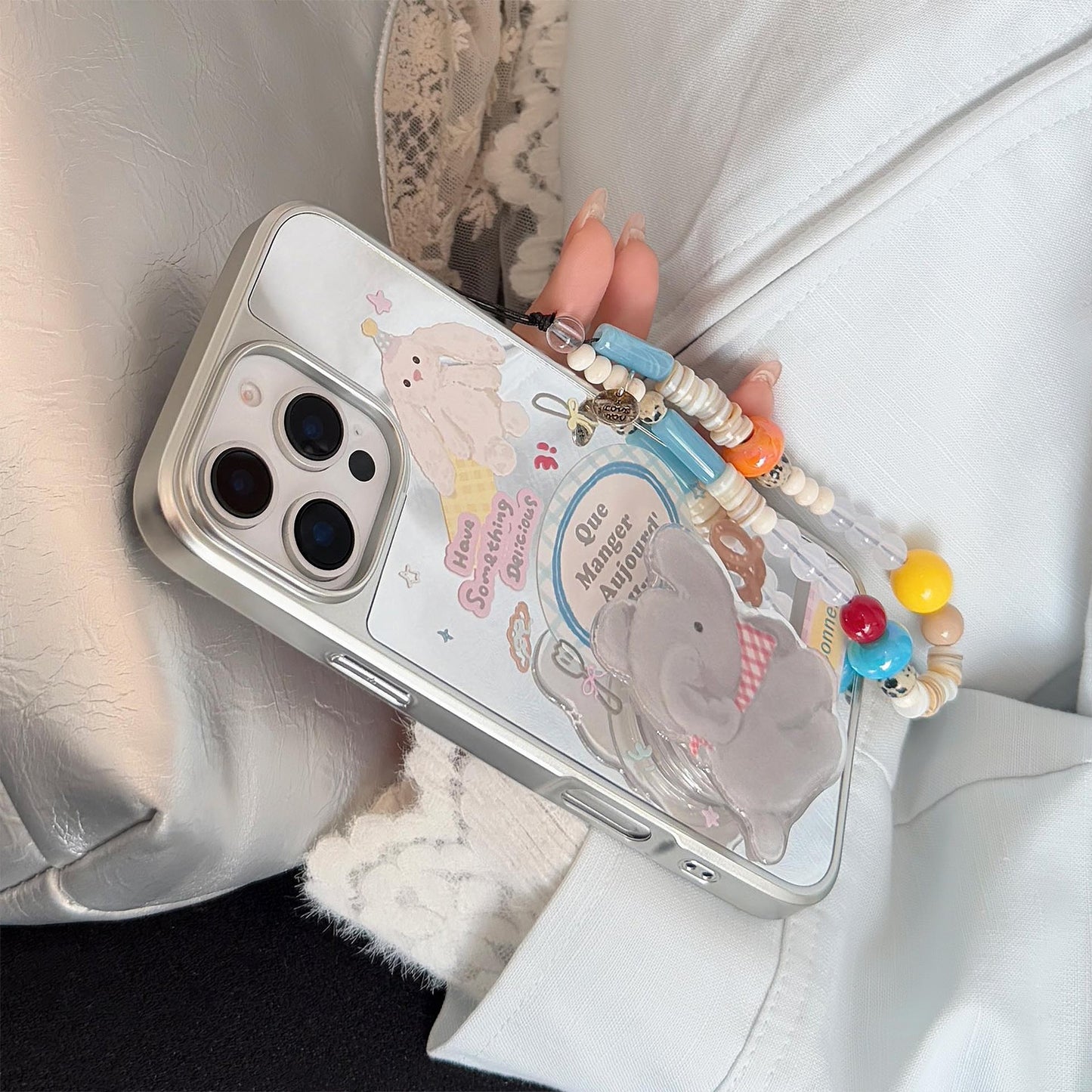 Mirror ins elephant bracket for 16pro max mobile phone case iphone17 apple 15 rope 13 children's fun cartoon