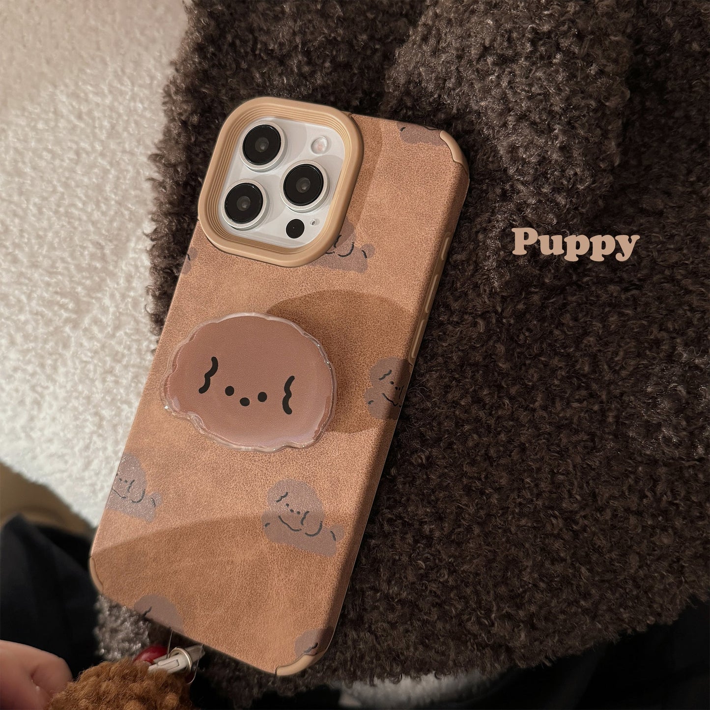 ins leather brown dog for iphone16 iphone case 14pro max retro bracket 15 pom-pom 17