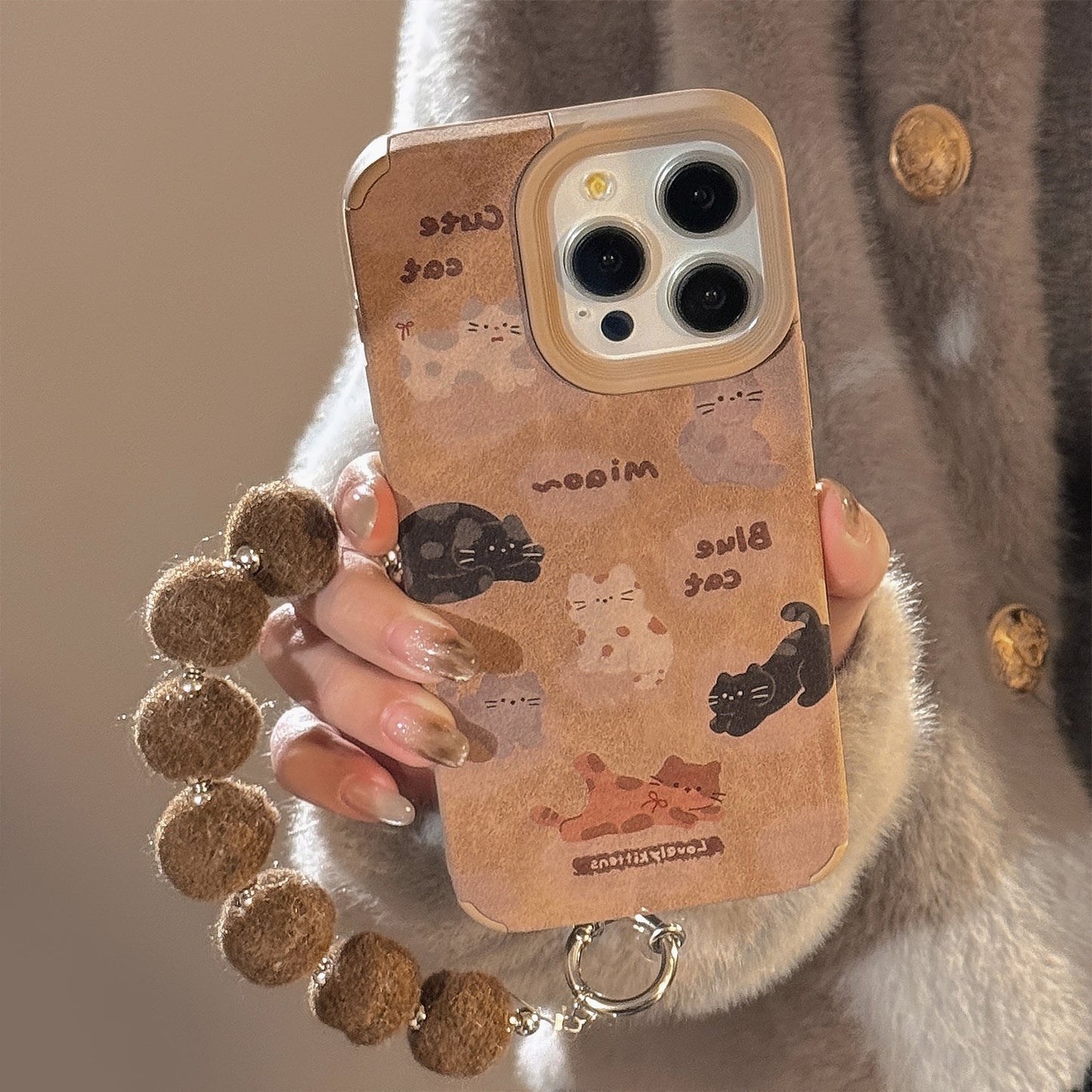 Leather cartoon for 16promax iPhone case iPhone 15 full screen cat 14 plush rope 17 autumn and winter