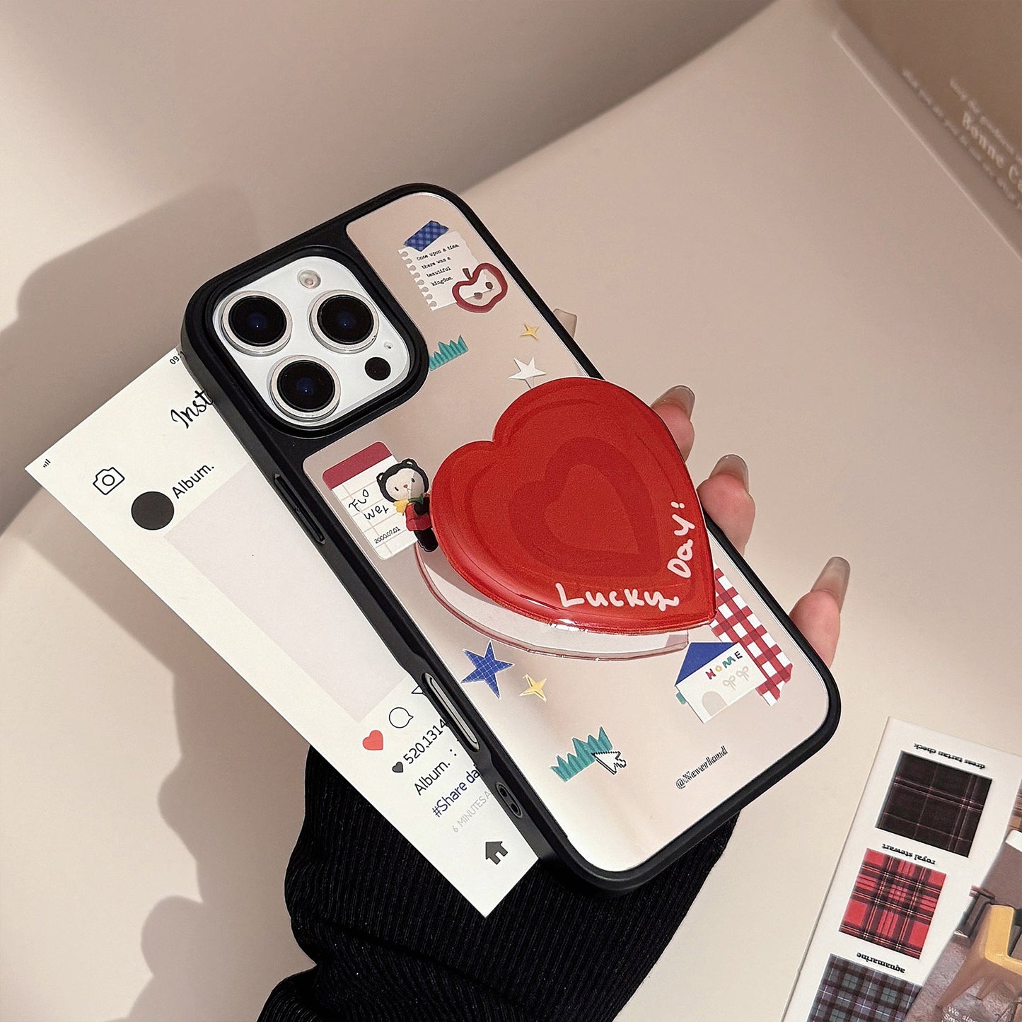 ins Korean cartoon suitable for 16 Apple 17Pro Max mobile phone case iphone14 mirror 13 love bracket 15