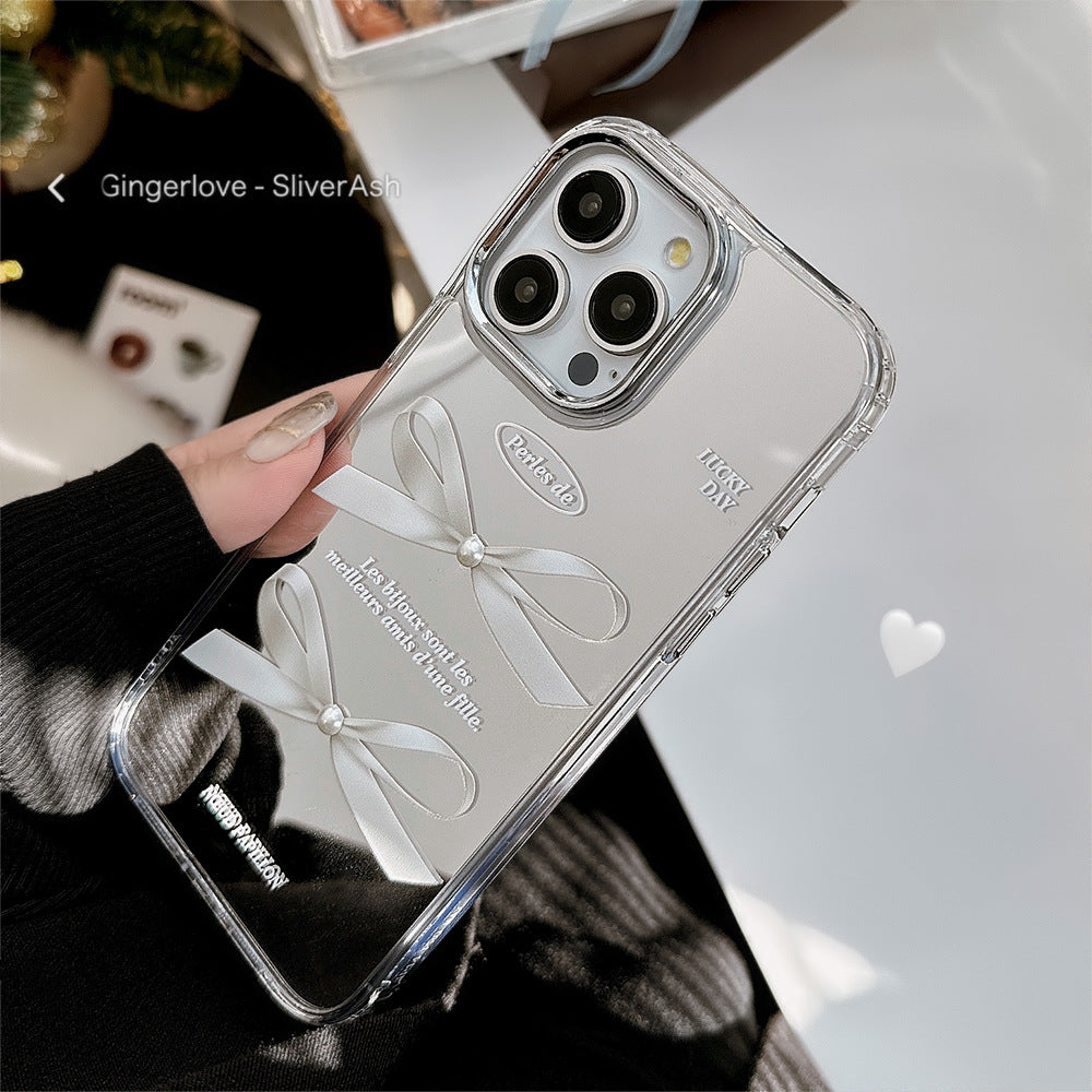Mirror surface is suitable for Apple 16Pro mobile phone case max three-dimensional pearl bow iphone15 temperament 13 anti-drop 17