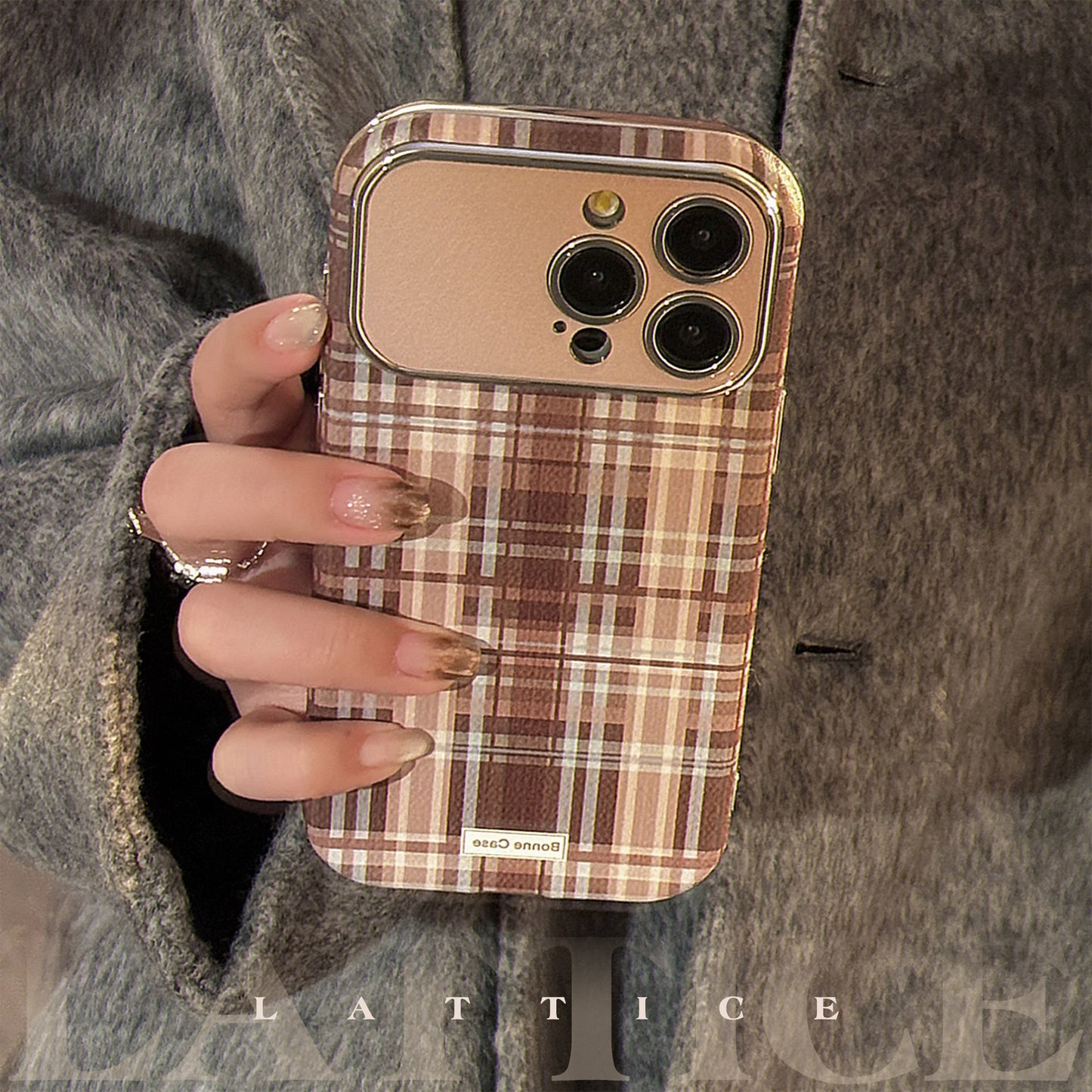 Brown plaid for iphone16promax mobile phone case Apple 15/14 anti-drop 13 lanyard 16 advanced 17