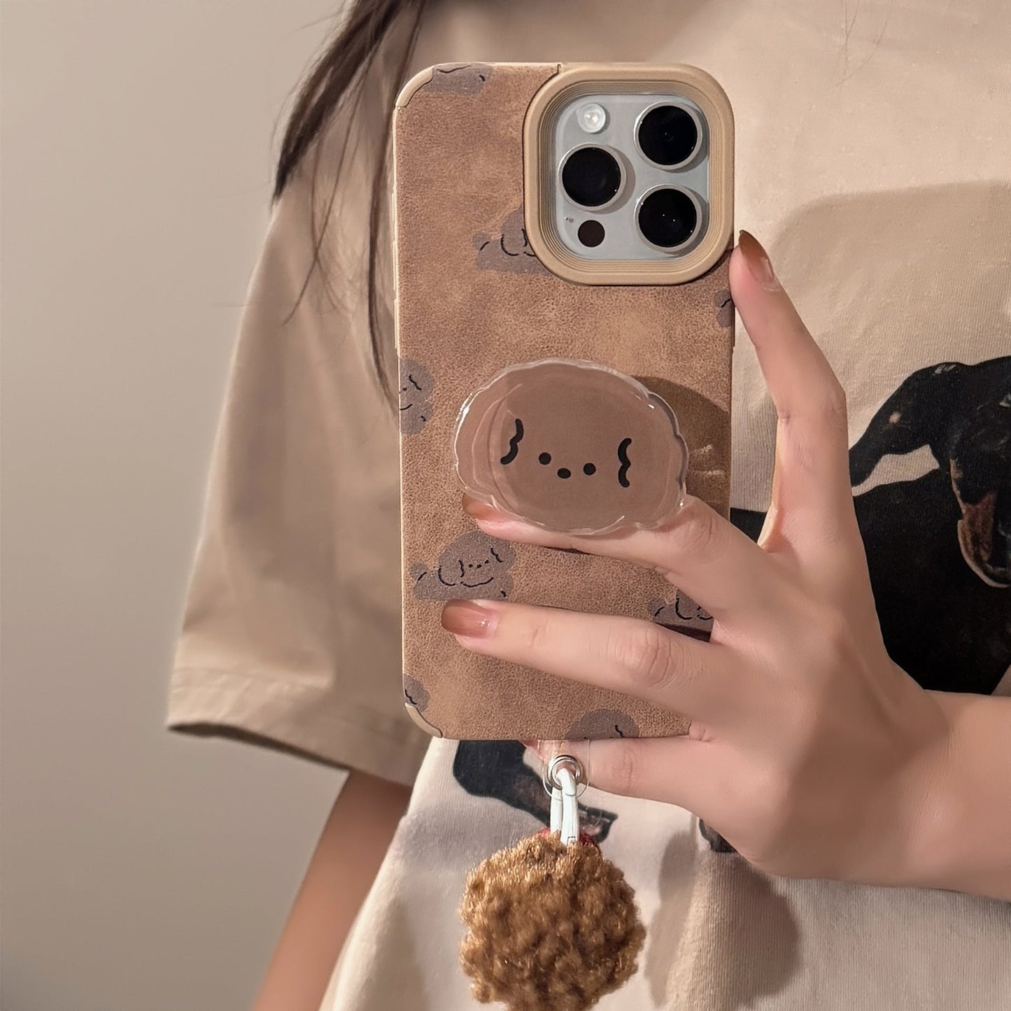 ins leather brown dog for iphone16 iphone case 14pro max retro bracket 15 pom-pom 17