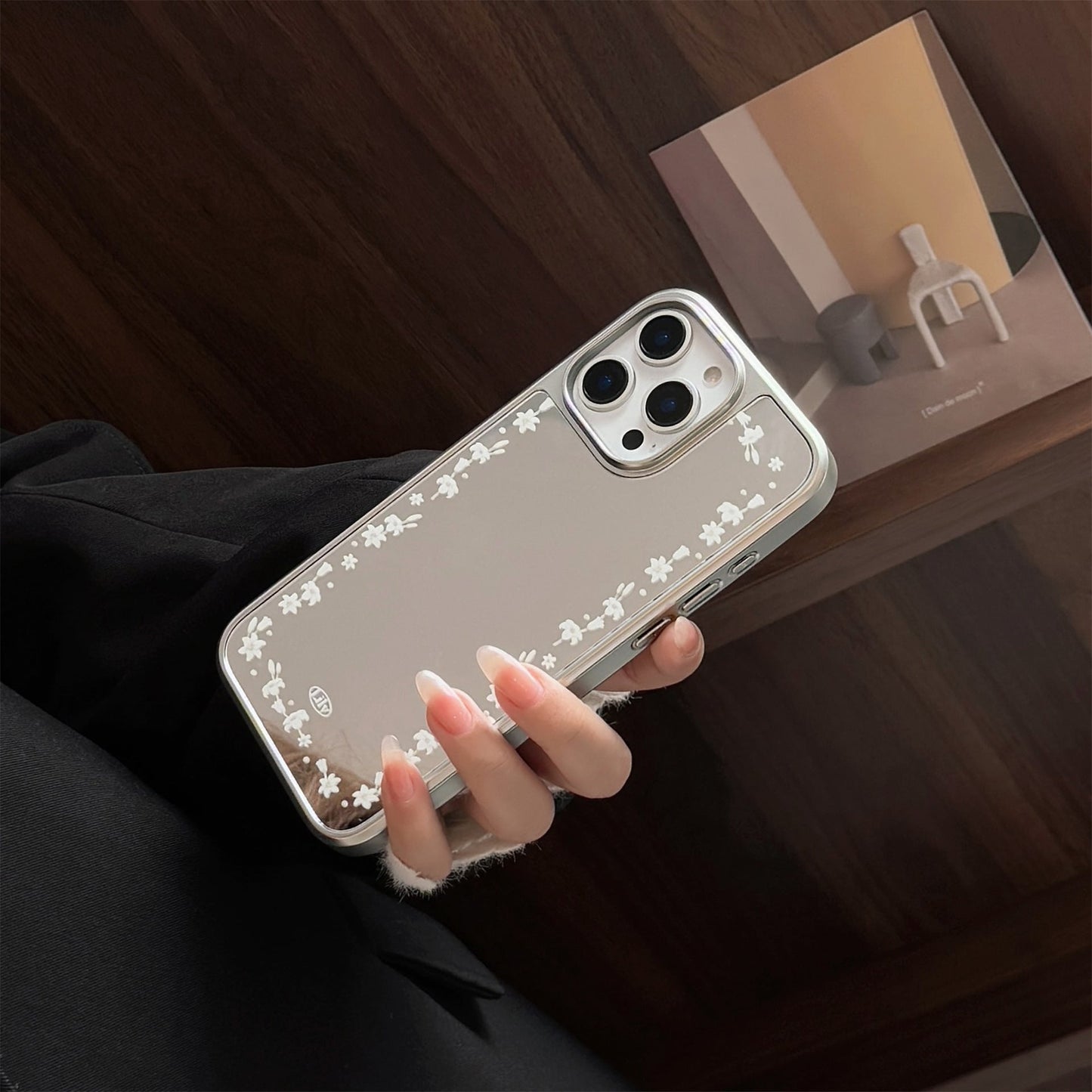 Electroplated silver edge for 16 apple 15promax mobile phone case iphone17 literary lily flower 13 mirror hard