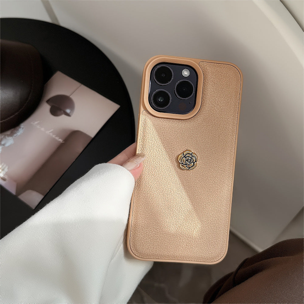 Light luxury camellia for Apple 16 mobile phone case iPhone17promax solid color lychee pattern 11 autumn and winter 13 hard