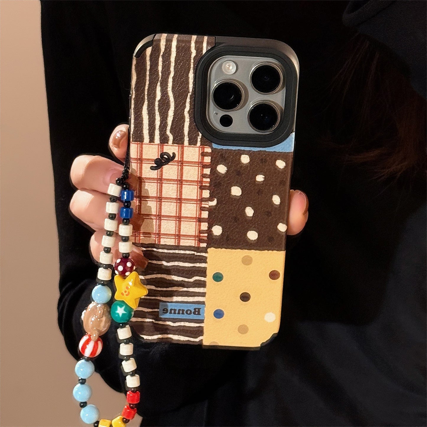 Retro ins polka dot splicing for iphone16 apple 17 mobile phone case 15pro max leather 14 lanyard 13