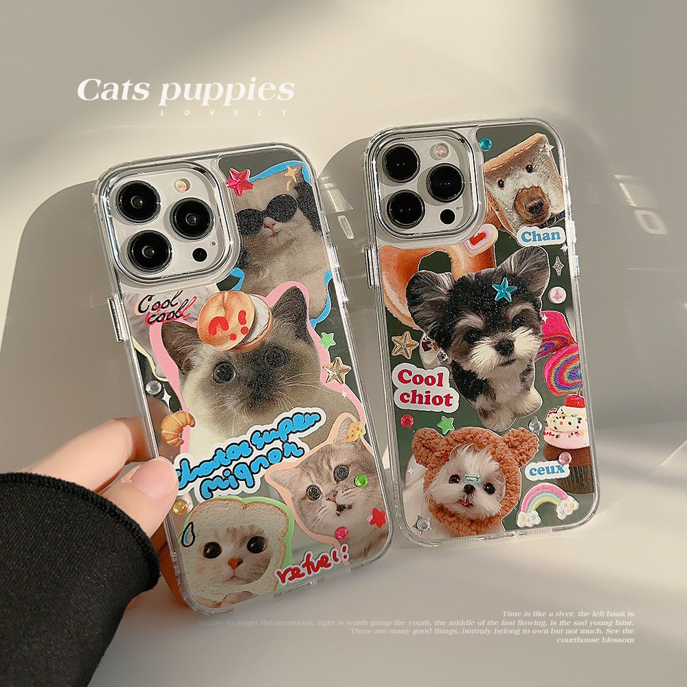 Drill sticker cat and dog iPhone16 iPhone case 17promax electroplated mirror 15 cute 12 suitable for 13 generations