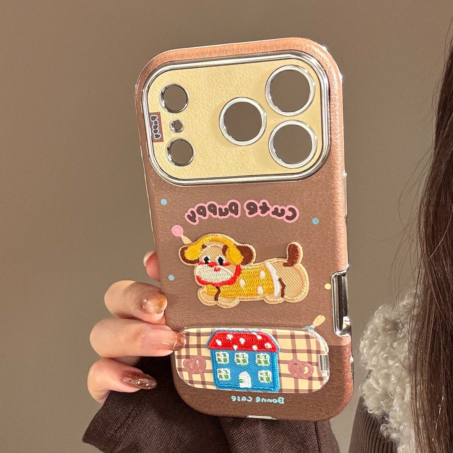 Embroidery cat puppy iphone17promax apple 16 mobile phone case 15 for 13 colored leather 11 mirror