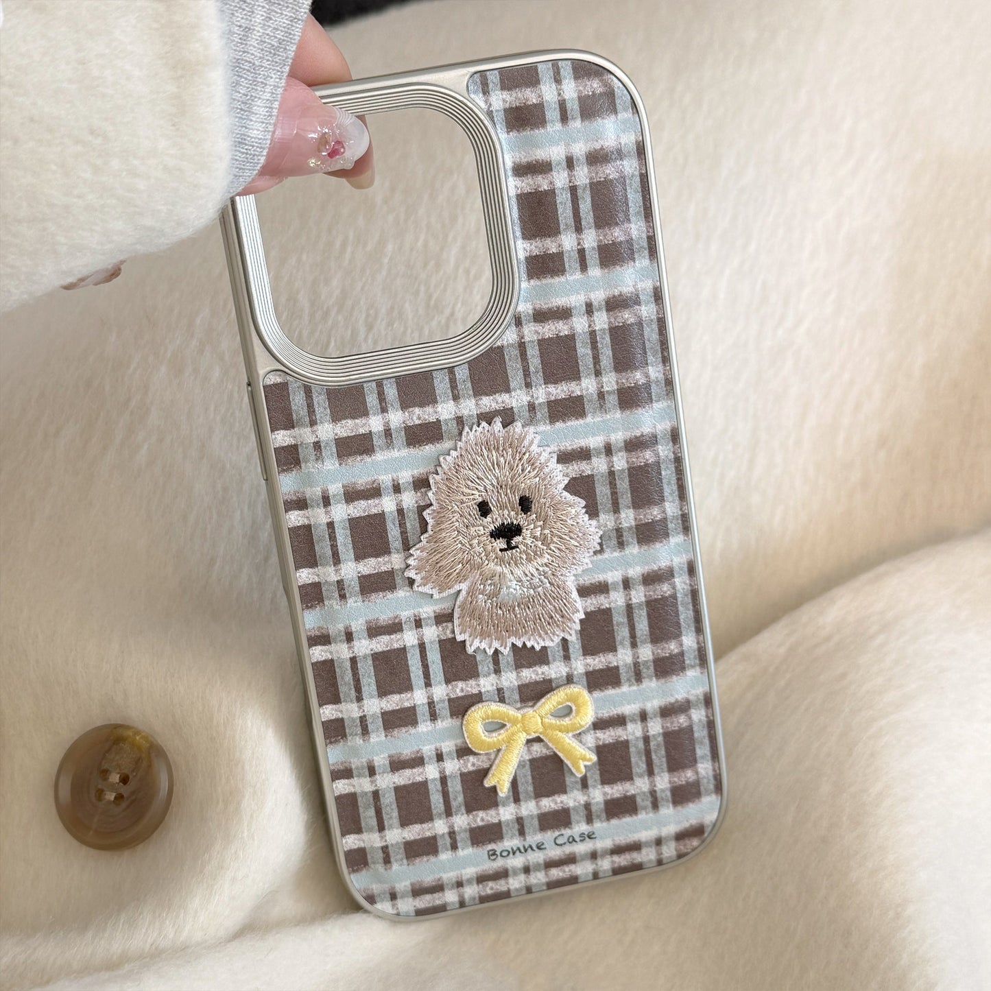 Plaid embroidery puppy apple 16 mobile phone case 17promax for iPhone15 retro leather 11 anti-drop 14