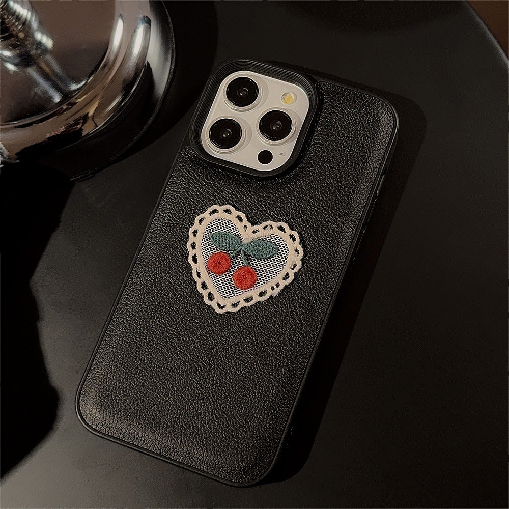 Embroidery love cherry for Apple 15 mobile phone case iPhone16promax leather 11 temperament 13 anti-drop 17