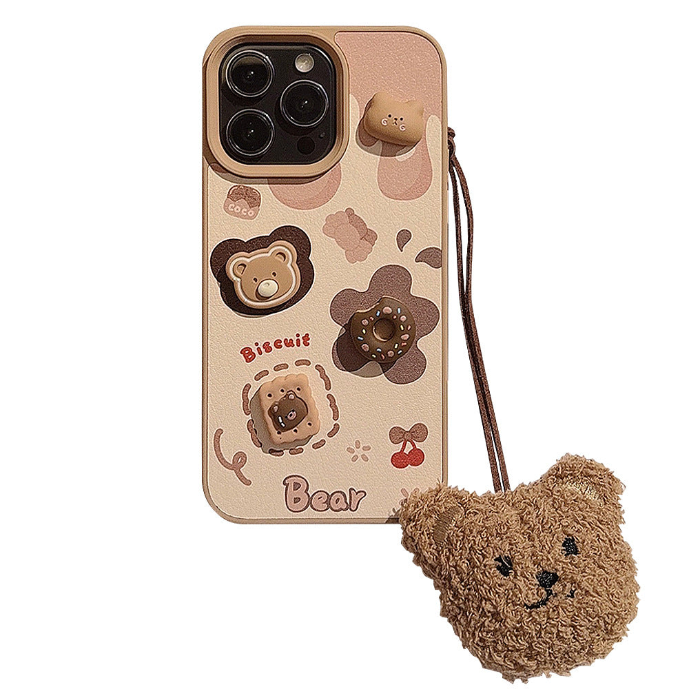 Three-dimensional biscuit bear apple 16 mobile phone case 17promax leather 13 for iPhone15 cute lanyard 12 hard