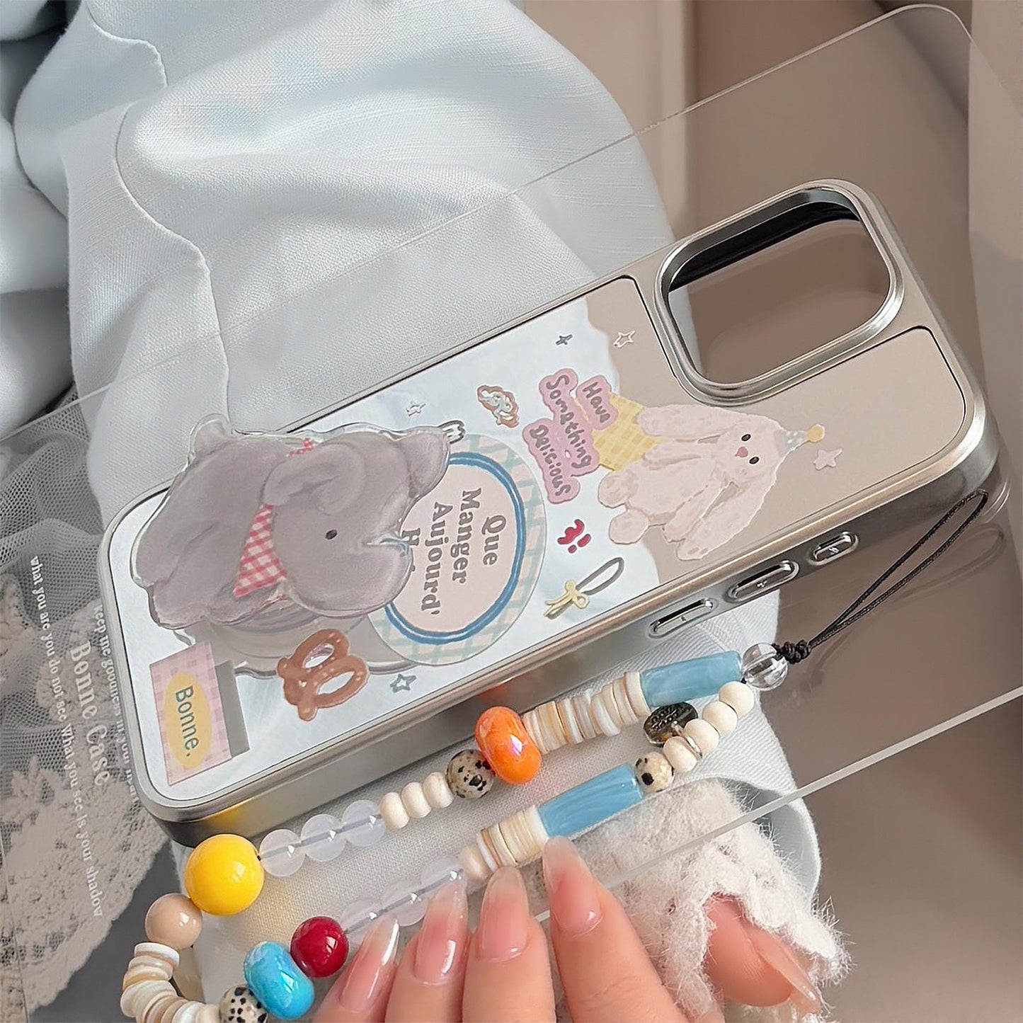 Mirror ins elephant bracket for 16pro max mobile phone case iphone17 apple 15 rope 13 children's fun cartoon