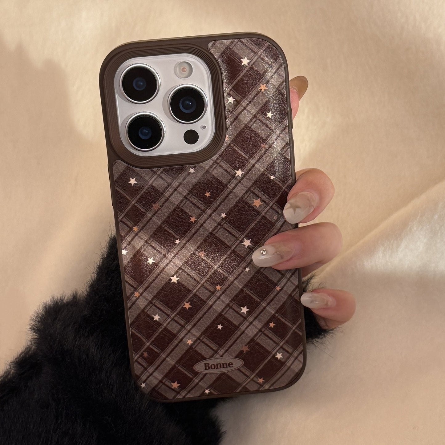 Warm brown rhombus star Apple 17 mobile phone case iPhone16promax leather 15 suitable for 13 retro 11 anti-drop