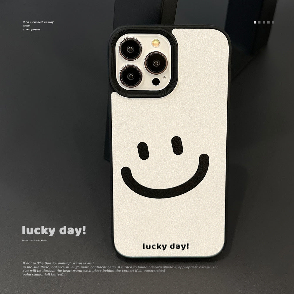 Minimal cure smiley face Apple phone case 17promax leather pattern 11 suitable for iPhone16 advanced sense 15 anti-drop