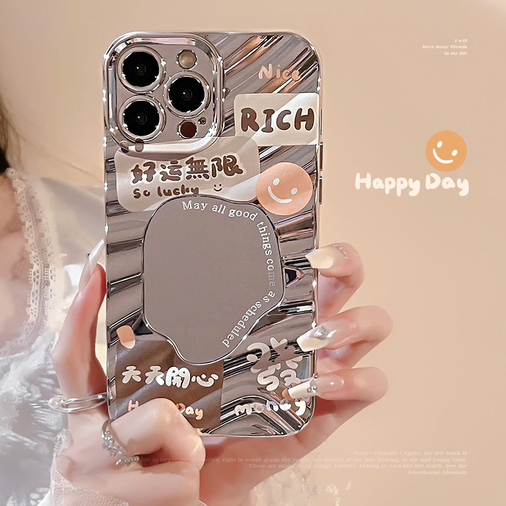 Make a fortune and good luck text applicable iPhone17pro mobile phone case max Apple 14 electroplated mirror 13 generation hair 16 hard
