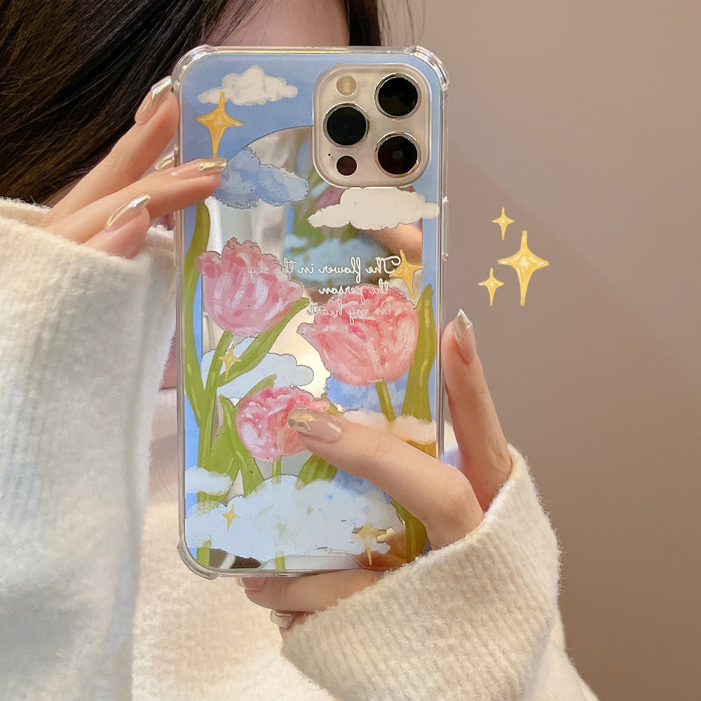 ins Literary Tulip iphone17 Apple 16 Mobile Phone Case 15Promax Silicone 11 Makeup Mirror X Applicable