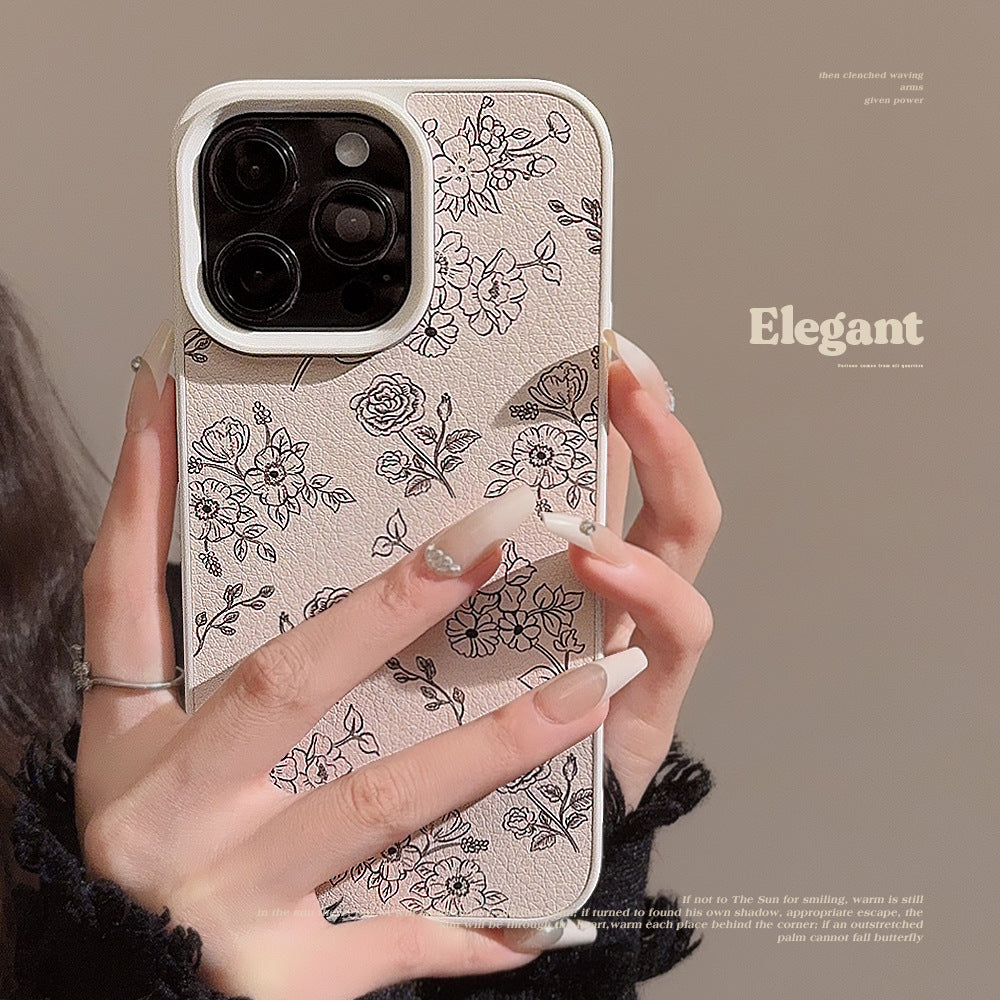 Literary lines rose iPhone16 mobile phone case Apple 15 leather 11 suitable for 13 anti-drop 17promax big brands