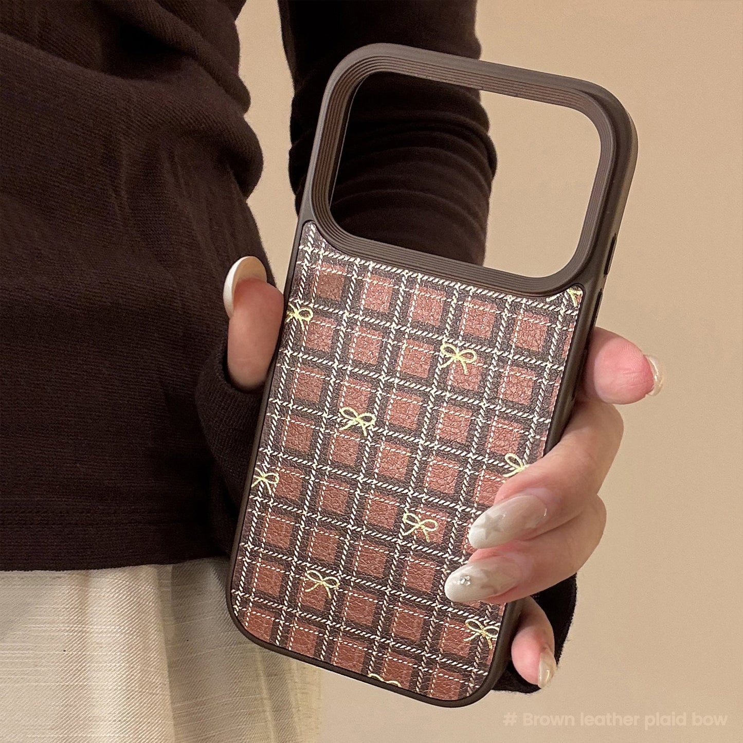 Gilt Apple 16 mobile phone case 17promax retro plaid bow 11 for iPhone15 leather anti-drop