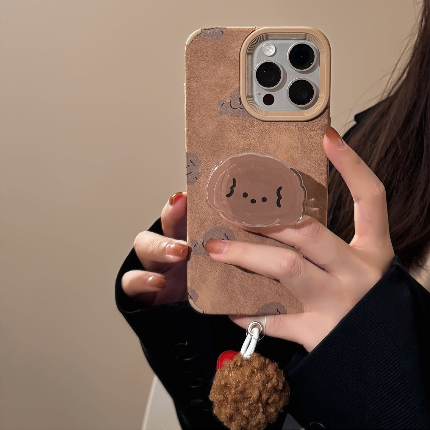 ins leather brown dog for iphone16 iphone case 14pro max retro bracket 15 pom-pom 17