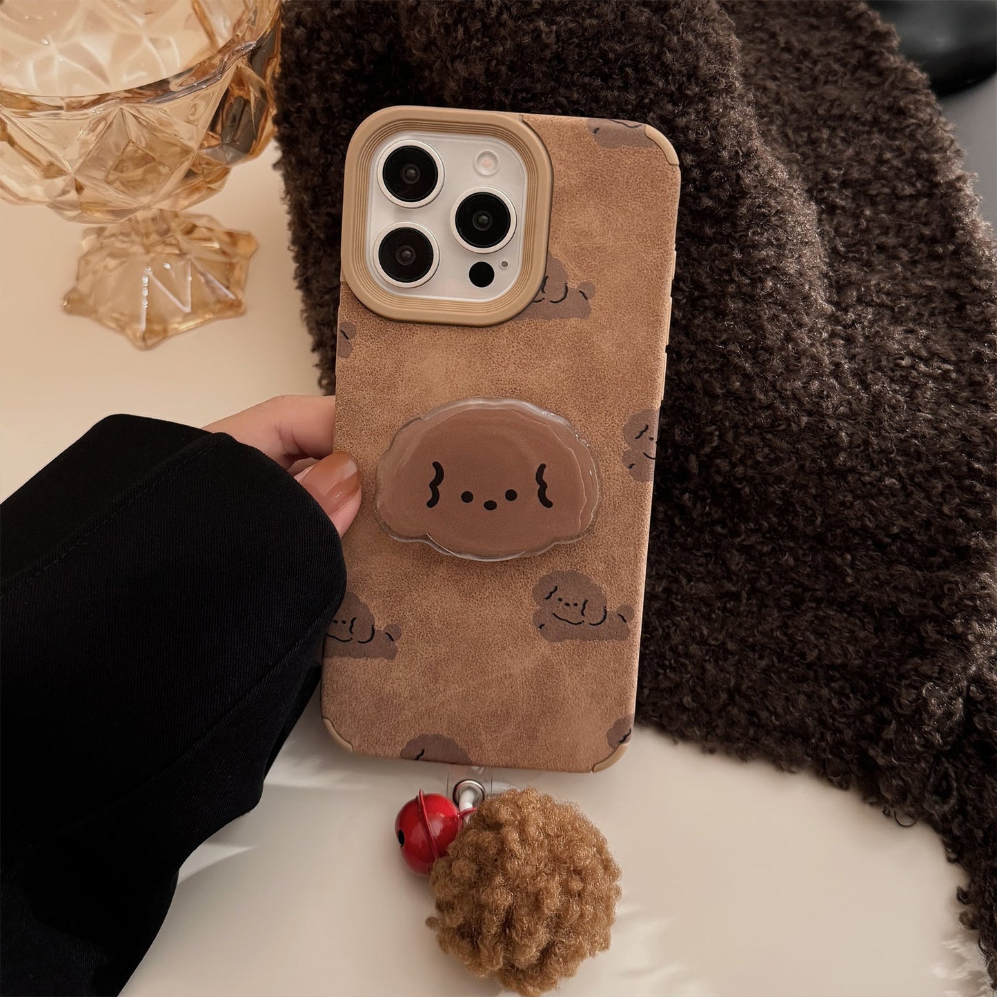 ins leather brown dog for iphone16 iphone case 14pro max retro bracket 15 pom-pom 17