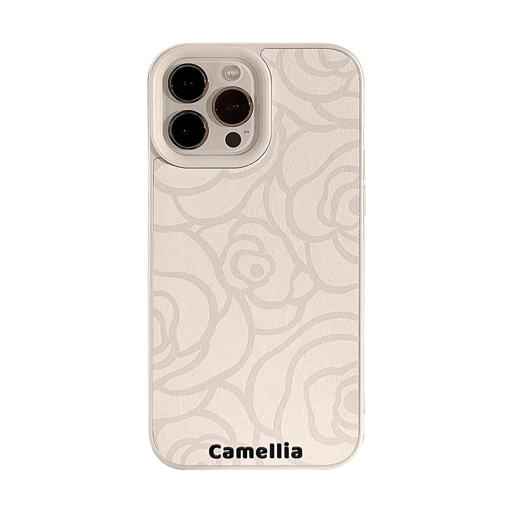 Simple camellia Apple 16 mobile phone case 17promax leather 11 for iPhone13 advanced sense 15 literature and art