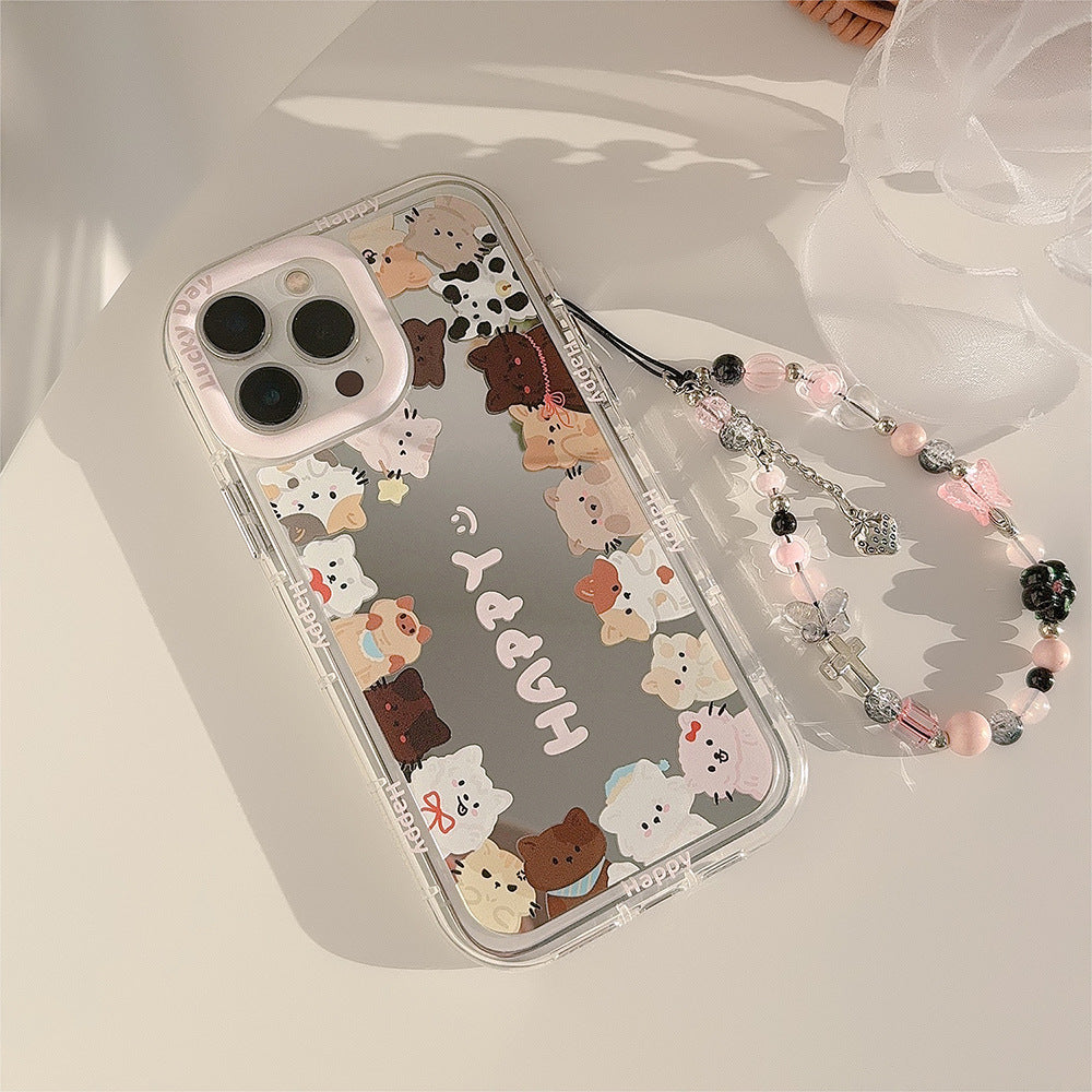 Mirror ins cute cat suitable for 16Pro Max Apple 15 mobile phone case iPhone17 Korean 12 lanyard 11
