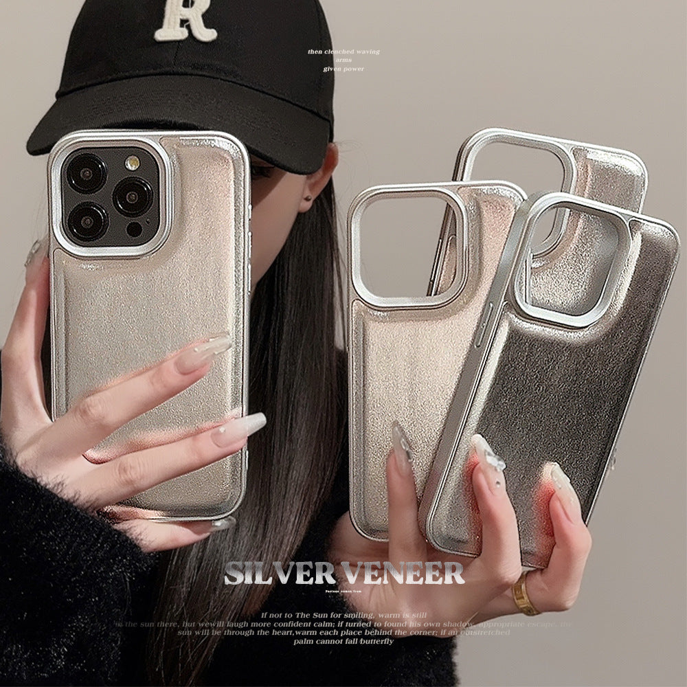 Silver bulge leather Apple 17 mobile phone case iPhone16promax premium sense 11 solid color 13 hard 12 applicable