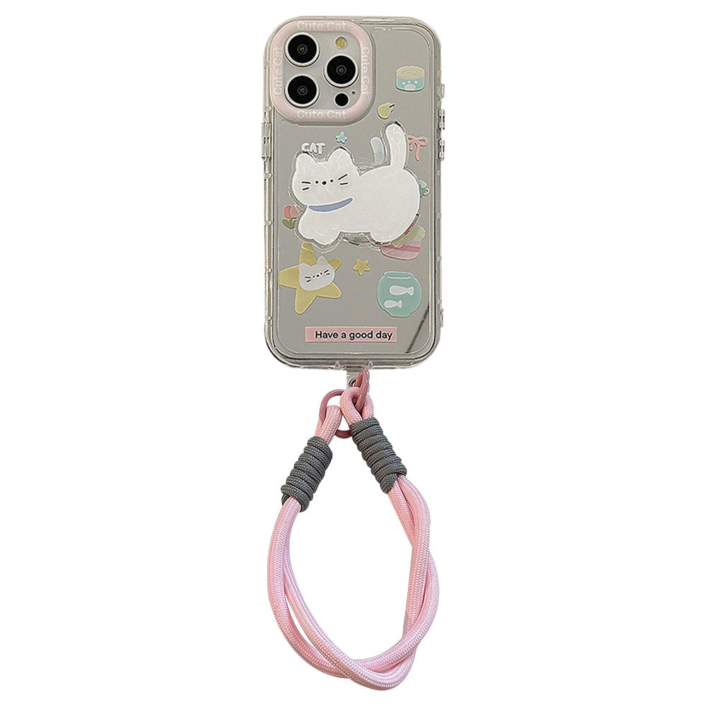 Foodie cat holder for 16ProMax Apple 15 mobile phone case iPhone17 hand strap 12 cute 11 mirror