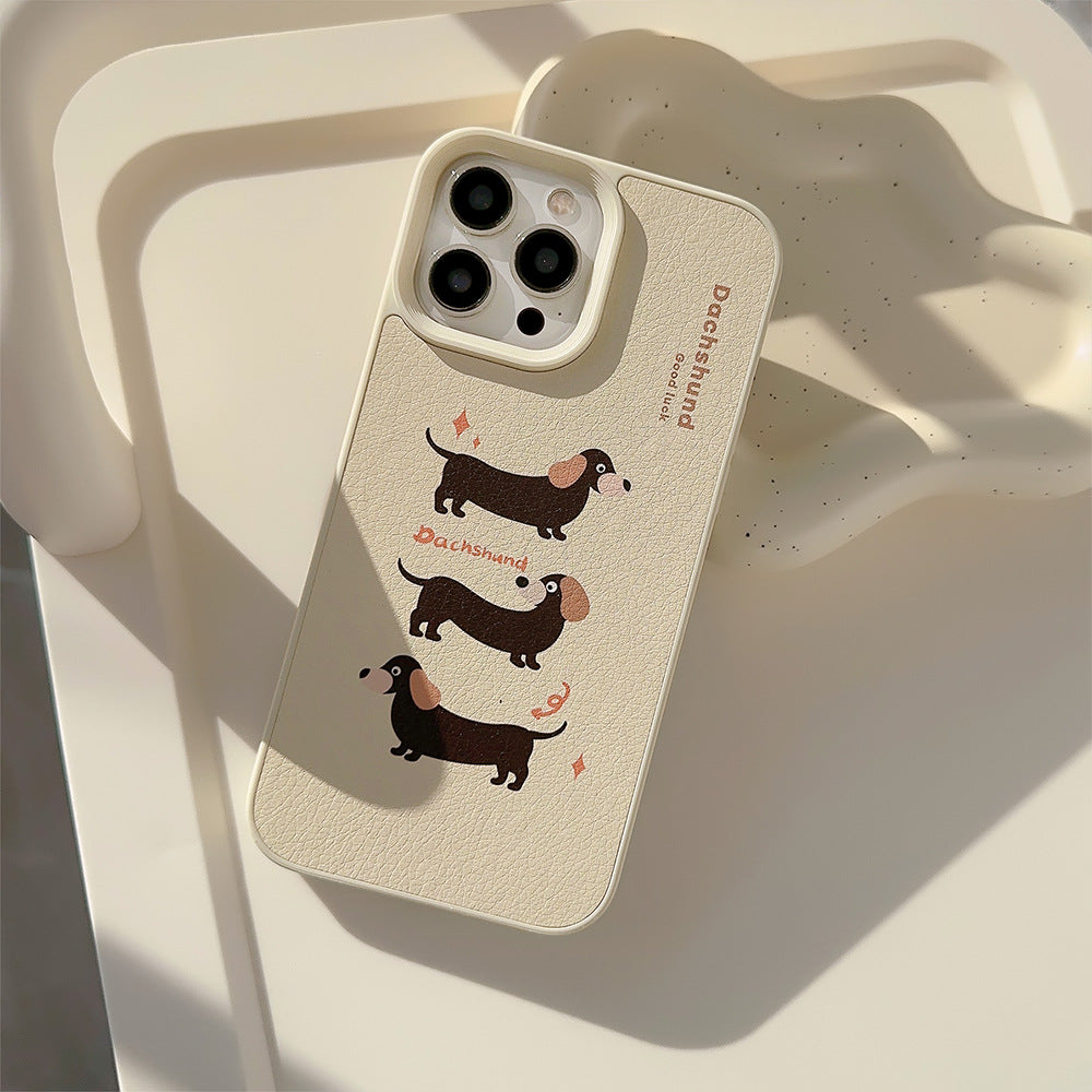 Milk yellow dachshund dog leather Apple 16 mobile phone case is suitable for iPhone17promax niche 11 generation 13 anti-drop