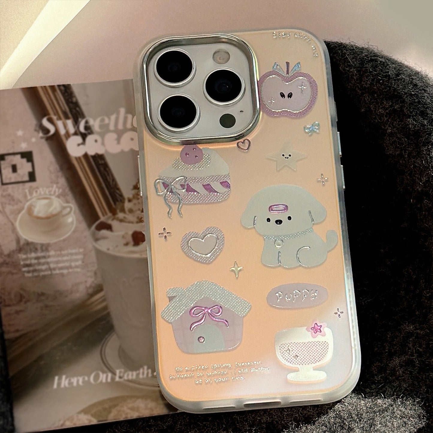 Cachorro de postre de dibujos animados dorado para iphone 15, funda para teléfono móvil 16 Pro Max, láser de galvanoplastia 13 duro 17 creativo
