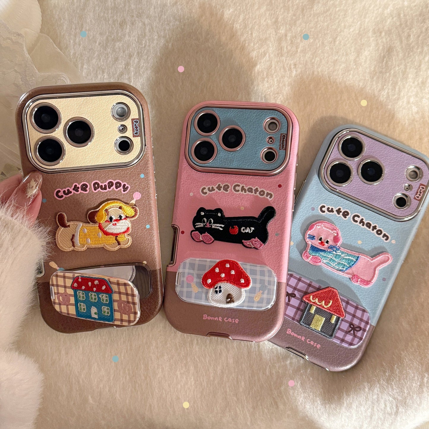 Embroidery cat puppy iphone17promax apple 16 mobile phone case 15 for 13 colored leather 11 mirror