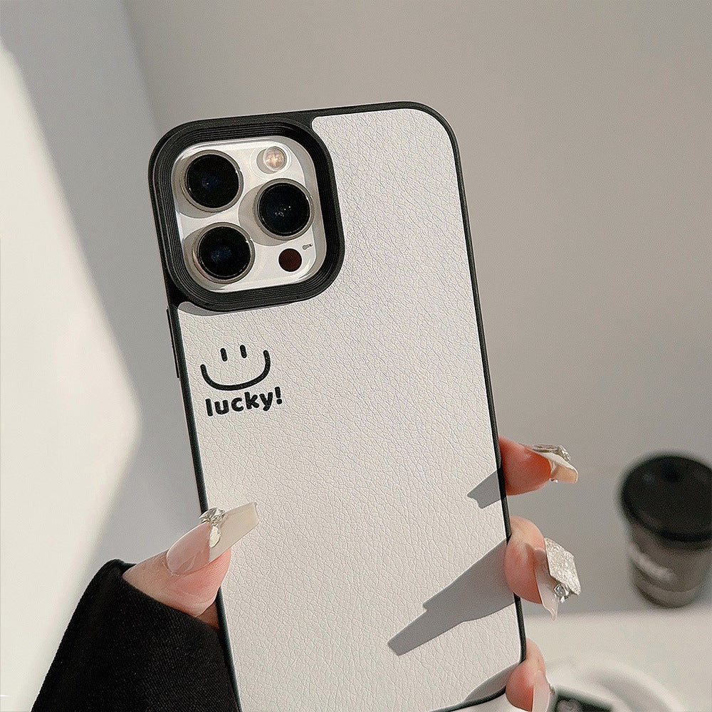 ins smiley face Apple mobile phone case 17pro max lambskin 11 is suitable for iPhone16, simple personality 15 anti-drop.