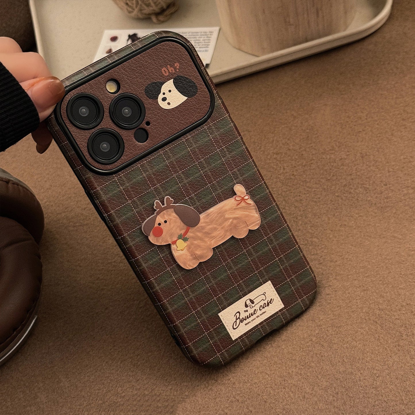 Vintage plaid for iPhone 16 mobile phone case iphone15 Christmas puppy 14promax leather 17 plush rope