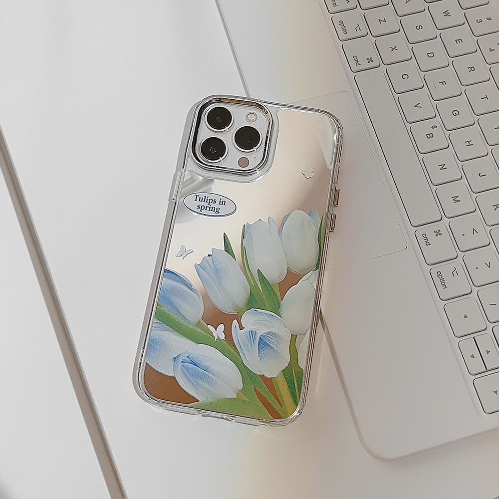 Temperament gentle blue tulip iphone16 for 17promax apple 15 mobile phone case flower makeup mirror 11 hard