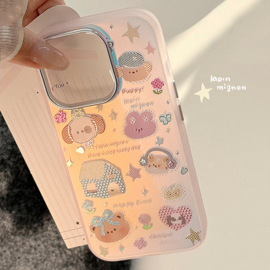 金メッキ適用 iphone15 携帯電話ケース 17Promax レーザーピンク漫画 16 落下防止 14 韓国 13 ハードケース